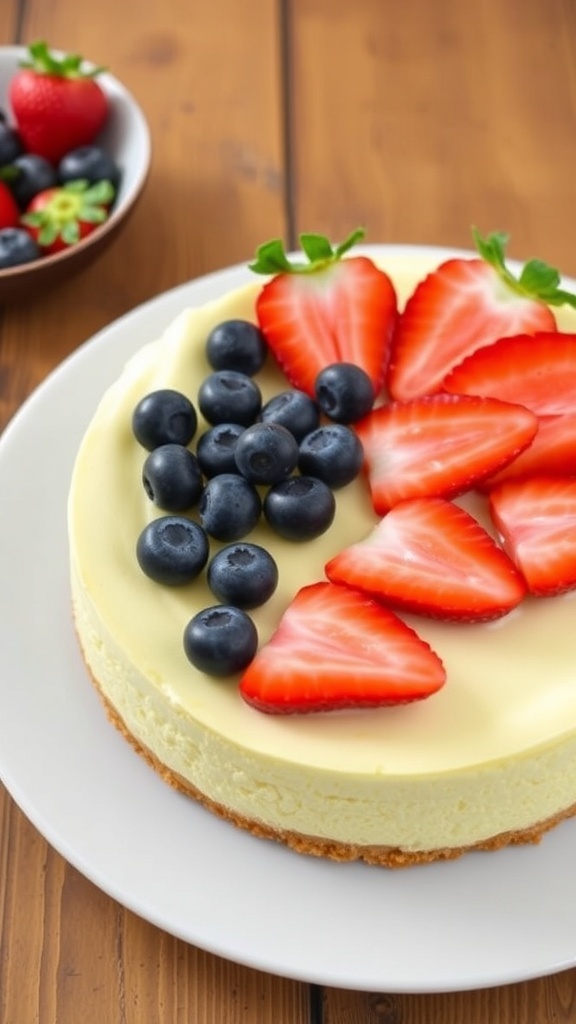 No-bake cheesecake topped with strawberries and blueberries on a white plate.
